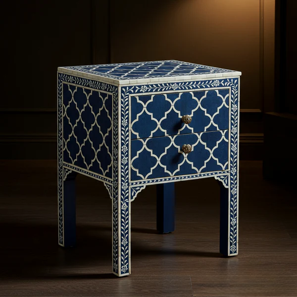 Sideva Blue and White Bone Inlay Side Table with Drawers | Luxury Handmade Bedside Table