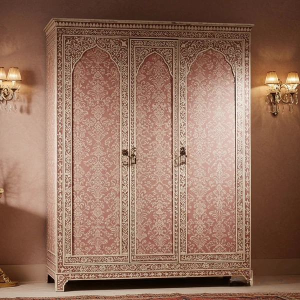 SpaceWoven Handcrafted Wooden Wardrobe with Floral Inlay Design | Luxury Handmade Wardrobe