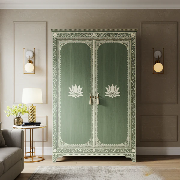 SpaceWoven Vintage Green Painted Wooden Armoire with Lotus Motif | Luxury Handmade Wardrobe