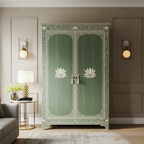 SpaceWoven Vintage Green Painted Wooden Armoire with Lotus Motif | Luxury Handmade Wardrobe
