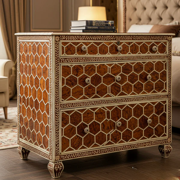 Woodoryn Vintage Hexagon Pattern Wooden Chest of Drawers