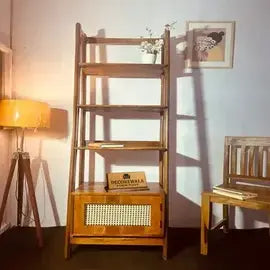 Staircase bookshelf with Rattan mesh door