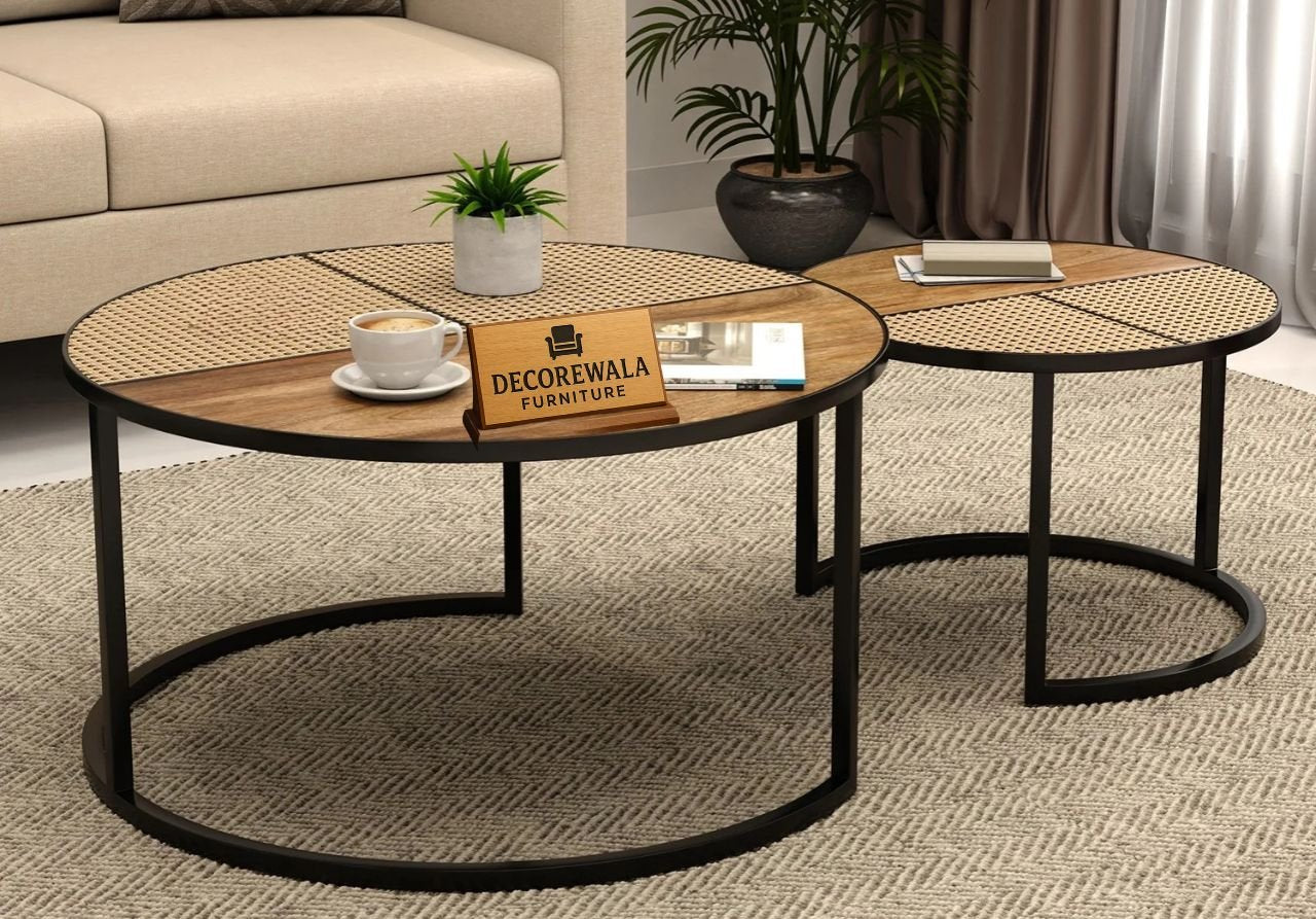 Lecut Mango Wood Set of 2 Nested Coffee Table with Cane Top