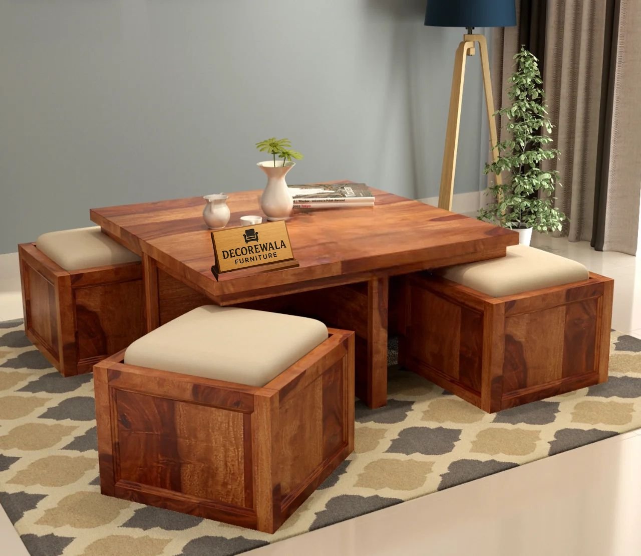 Naoshi Sheesham Wood Coffee Table with 4 Seating Stools