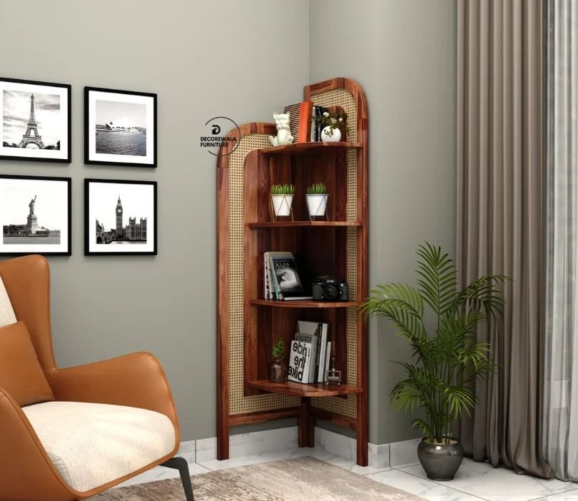 Sheesham Wood and Cane Corner Bookshelf