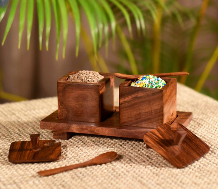 Brown Set of 2 Handcarved Wooden Jars