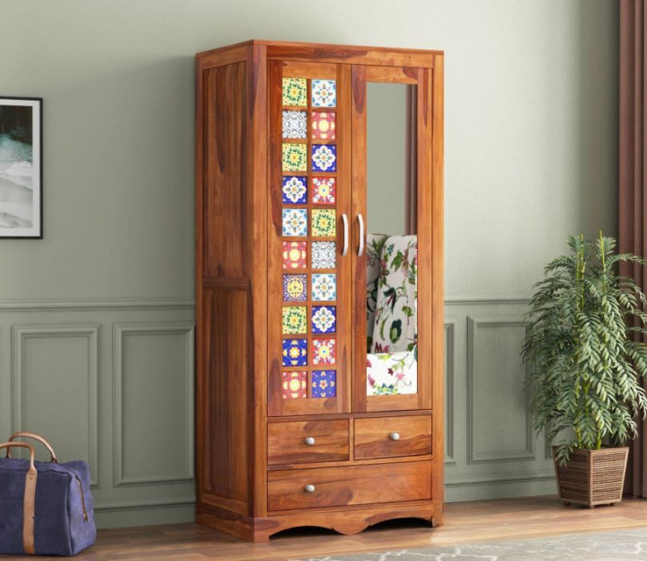 Bambooora Wardrobe With Mirror – Stunning 2 Door Multi Utility Solid Wood Storage Cabinet for Bedroom