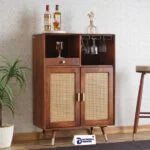 Boston Solid Wood Rattan Cane Bar Cabinet with Glass Holder Storage