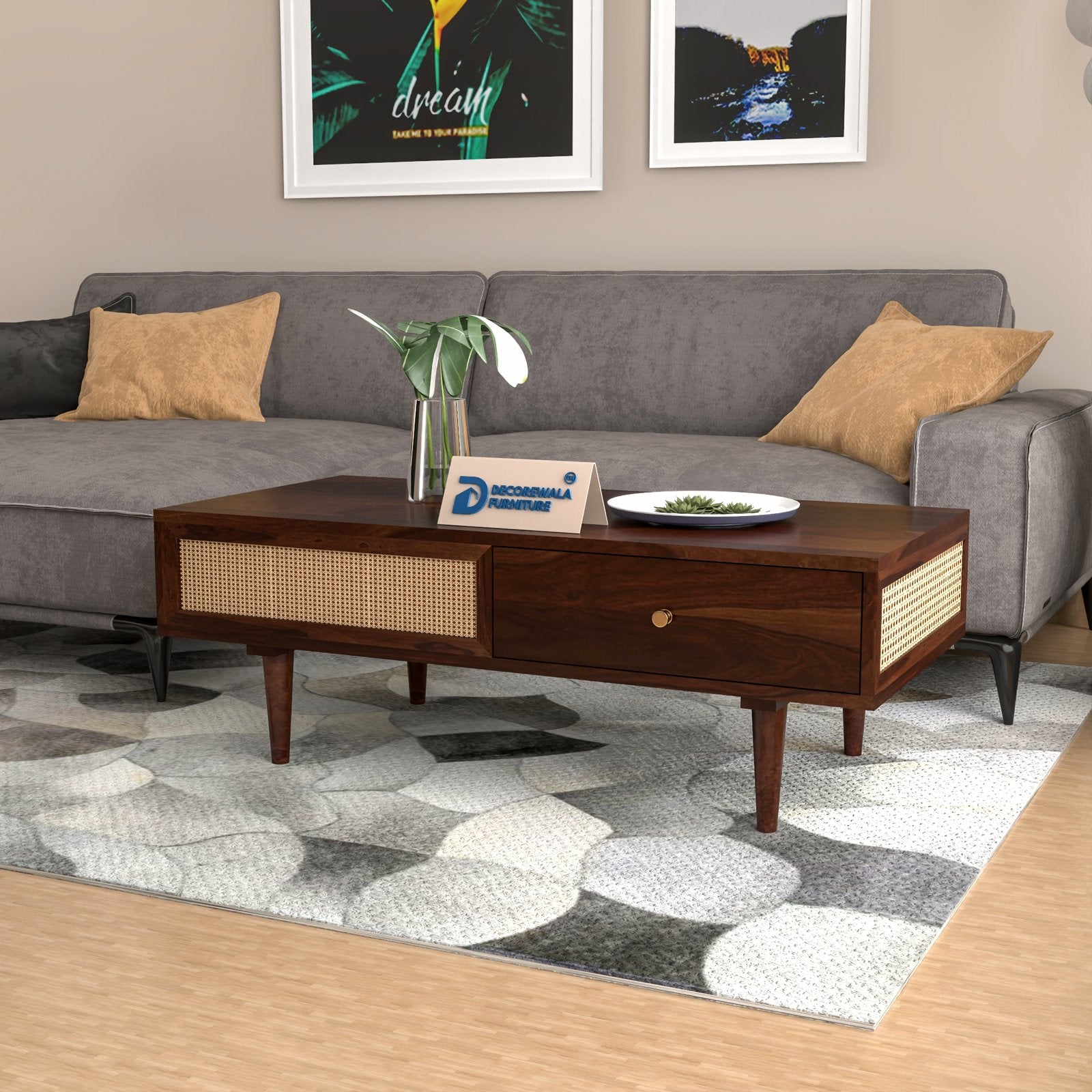 Drawenzo Solid Wood Rattan Cane Drawer Coffee Table