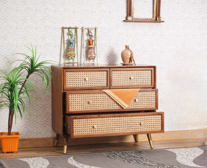 Boston Solid Wood Rattan Cane Chest of Drawer Four Drawer
