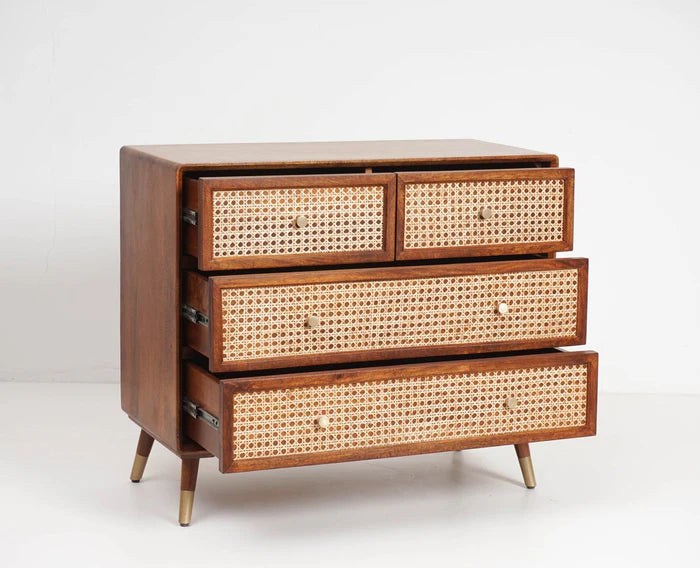 Boston Solid Wood Rattan Cane Chest of Drawer Four Drawer