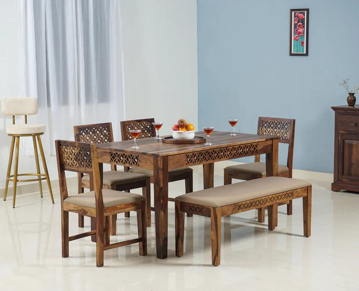 Frankfurt Sheesham Wood 6 Seater Dining Table Set with 4 Chair & 1 Bench for Dining Room