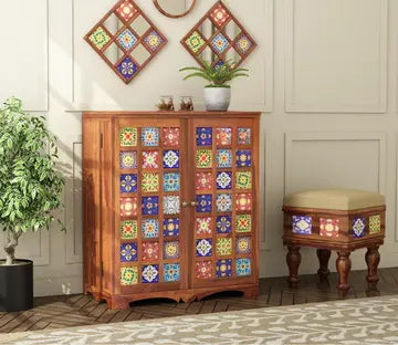 Boho Bar Cabinet Solid Wood Modern Style