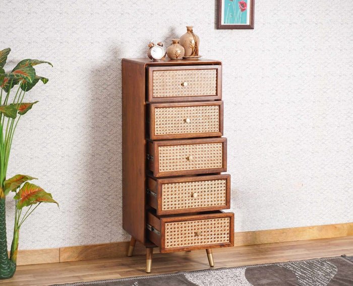 Boston Solid Wood Rattan Cane Tall Chest of Drawer 5 Drawer