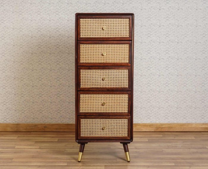 Boston Solid Wood Rattan Cane Tall Chest of Drawer 5 Drawer
