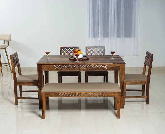 Frankfurt Sheesham Wood 6 Seater Dining Table Set with 4 Chair & 1 Bench for Dining Room