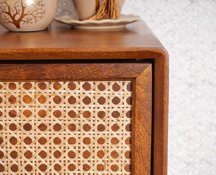 Boston Solid Wood Rattan Cane Tall Chest of Drawer 5 Drawer