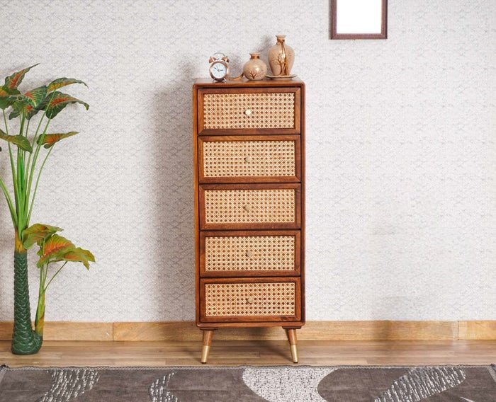Boston Solid Wood Rattan Cane Tall Chest of Drawer 5 Drawer