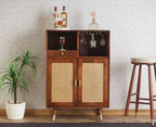 Boston Solid Wood Rattan Cane Bar Cabinet with Glass Holder Storage