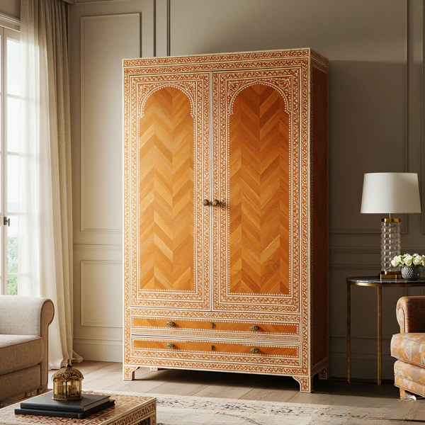 SpaceWoven Vintage Carved Wooden Armoire with Inlay Detailing | Luxury Handmade Wardrobe