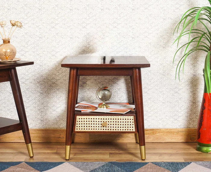 Boston solid wood rattan side table with one drawer