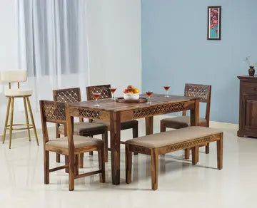Frankfurt Sheesham Wood 6 Seater Dining Table Set with 4 Chair & 1 Bench for Dining Room