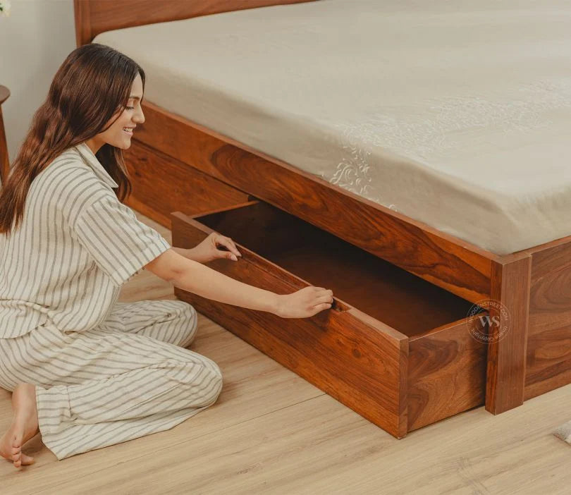 Sleeplore Sheesham Wood Bed with 4 Drawer Storage and Cane Detailing