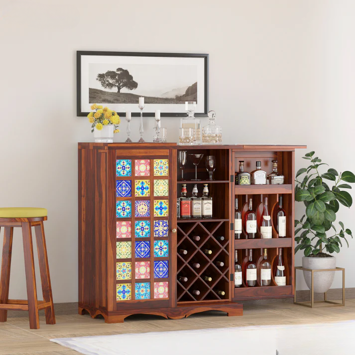MealAura Bar Cabinet Solid Wood Modern Style