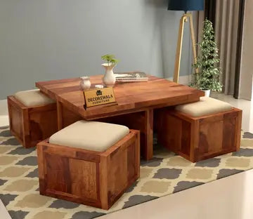 Naoshi Sheesham Wood Coffee Table with 4 Seating Stools