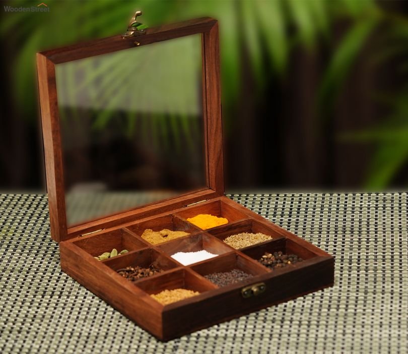 Brown Decorative Multi Purpose Spice Box With Nine Partitions And Spoon