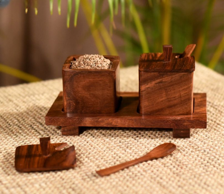 Brown Set of 2 Handcarved Wooden Jars