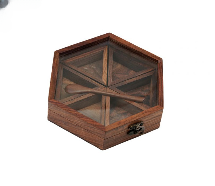 Wooden Hand Crafted Spice Box With 6 Containers And Spoon