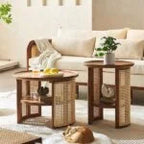 Netra home Rattan Coffee Table with Side Table - Cane Center Table with Shelf for Storage-Bohemian Solid Mango Wood Set of Center and Side Table Office