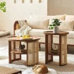 Netra home Rattan Coffee Table with Side Table - Cane Center Table with Shelf for Storage-Bohemian Solid Mango Wood Set of Center and Side Table Office