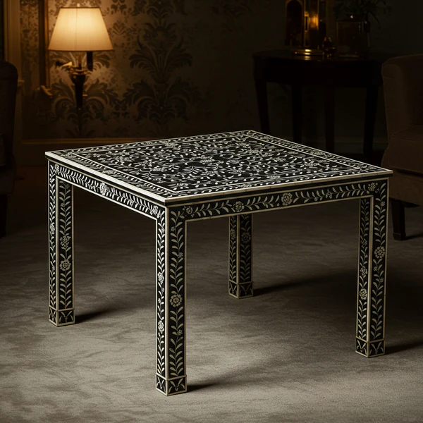 Decorative table with intricate patterns in a dimly lit room