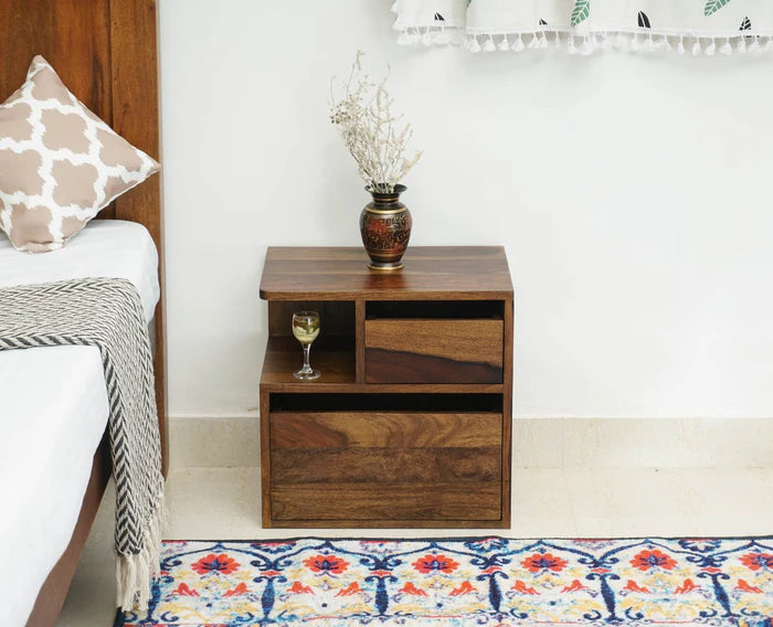 Rajkot Solid Wood Two Drawer Bedside Table with open Shelve