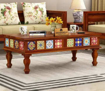 Boho Sheesham Wood Coffee Table with Ceramic Tiles
