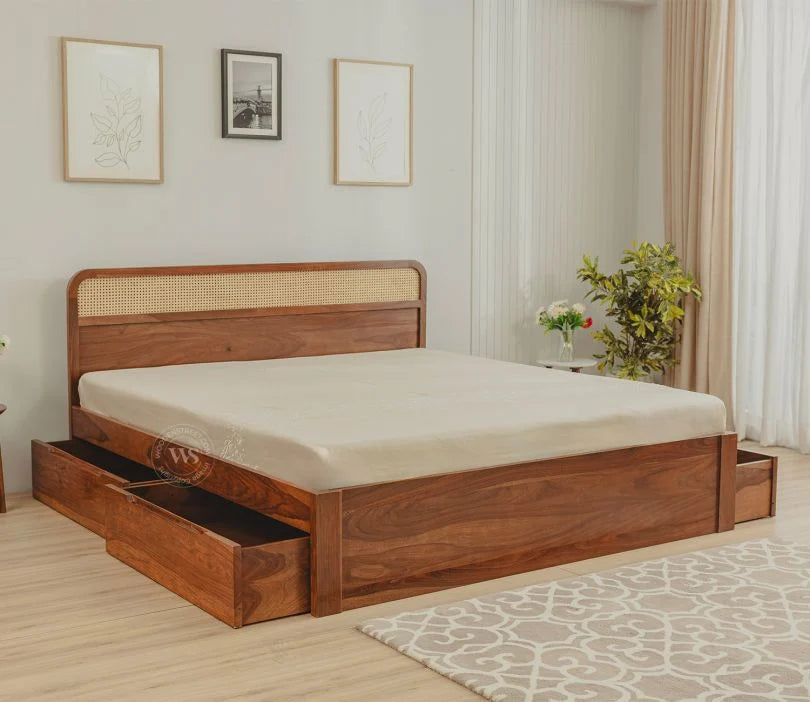 Sleeplore Sheesham Wood Bed with 4 Drawer Storage and Cane Detailing