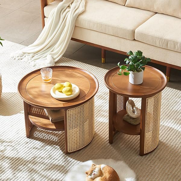 Netra home Rattan Coffee Table with Side Table - Cane Center Table with Shelf for Storage-Bohemian Solid Mango Wood Set of Center and Side Table Office