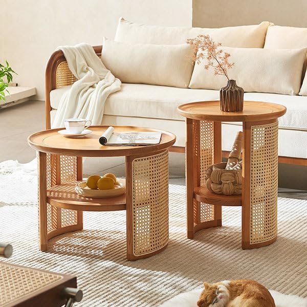 Netra home Rattan Coffee Table with Side Table - Cane Center Table with Shelf for Storage-Bohemian Solid Mango Wood Set of Center and Side Table Office