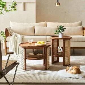 Netra home Rattan Coffee Table with Side Table - Cane Center Table with Shelf for Storage-Bohemian Solid Mango Wood Set of Center and Side Table Office