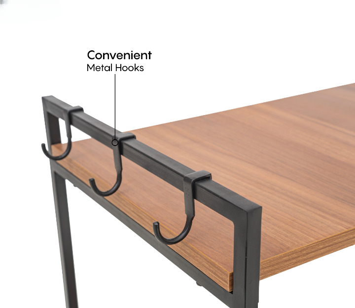 Engineered Wood Microwave Stand With Kitchen Organizer Storage & Metal Hooks