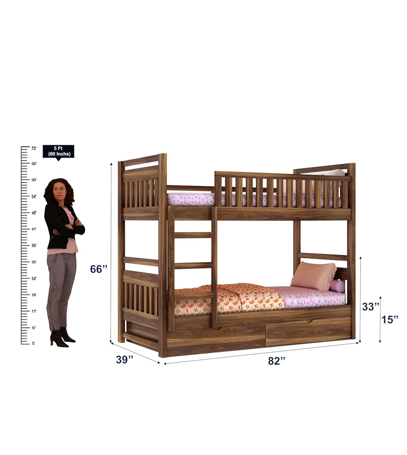 Timblyn Solid Sheesham Wood Bunk Bed (Drawer Storage)