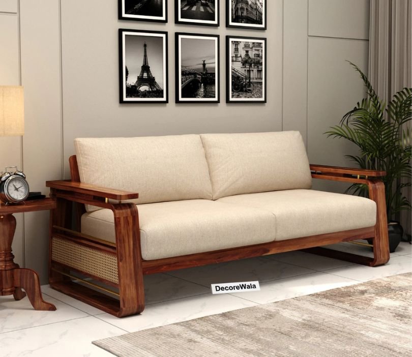 Gleamira 3 Seater Sheesham Wood Sofa With Cane and Brass Detailing