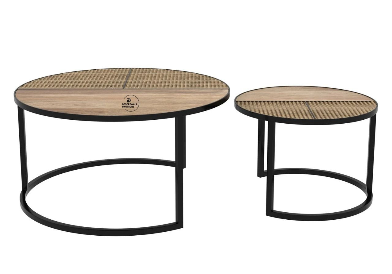 Lecut Mango Wood Set of 2 Nested Coffee Table with Cane Top
