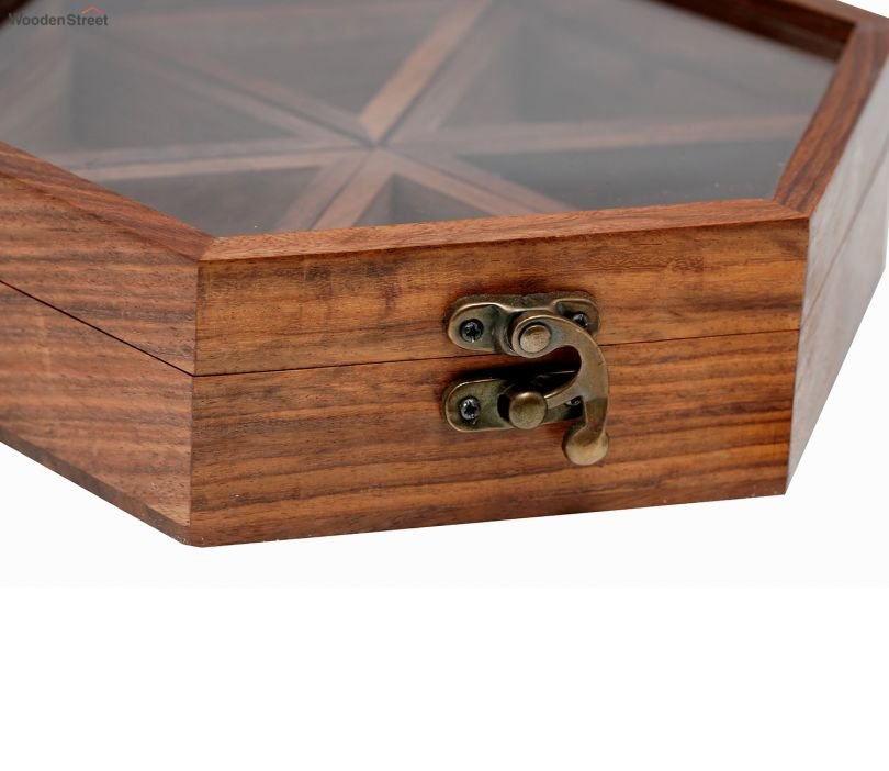 Wooden Hand Crafted Spice Box With 6 Containers And Spoon
