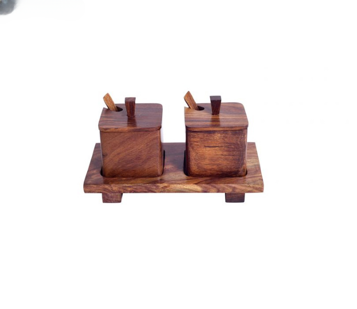 Brown Set of 2 Handcarved Wooden Jars