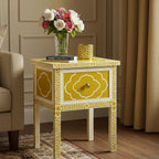 Sideva Yellow Hand-Painted Wooden Side Table with Drawer