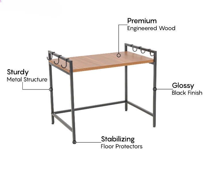 Engineered Wood Microwave Stand With Kitchen Organizer Storage & Metal Hooks