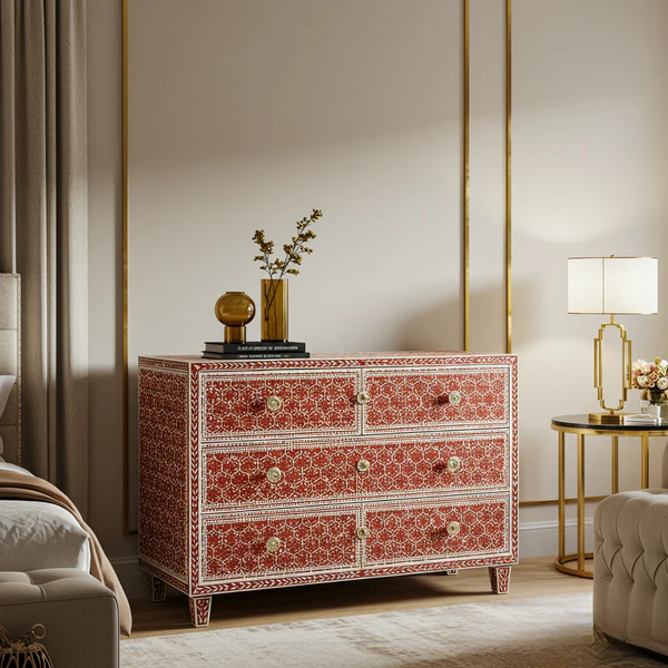 Woodoryn Red and White Patterned Wooden Chest of Drawers